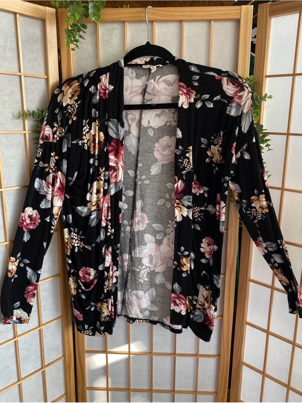 Maurices Black Open-Front Floral Cardigan with Rose Print